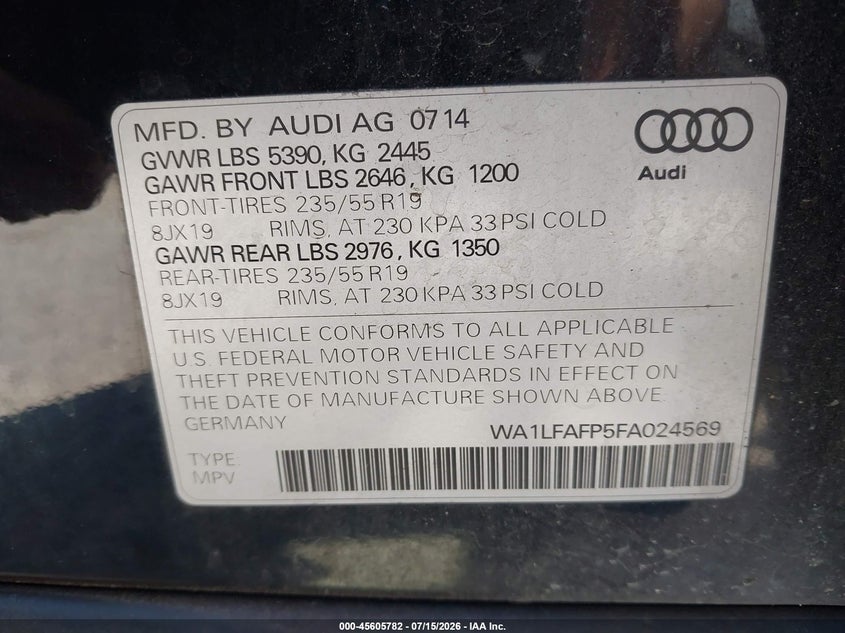 2015 Audi Q5 VIN WA1LFAFP5FA024569 IAAI salvage auction — NORMAL WEAR, Clear (Washington), sold $1,650 on 2026-07-29 (photo 9)