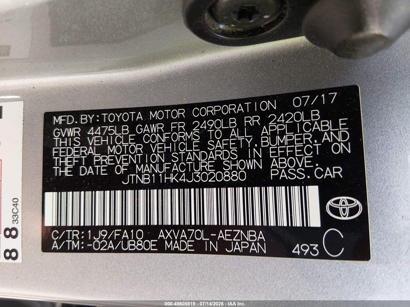 2018 Toyota Camry VIN JTNB11HK4J3020880 IAAI salvage auction — FRONT END, Salvage (Connecticut), sold $4,850 on 2026-07-30 (photo 9)