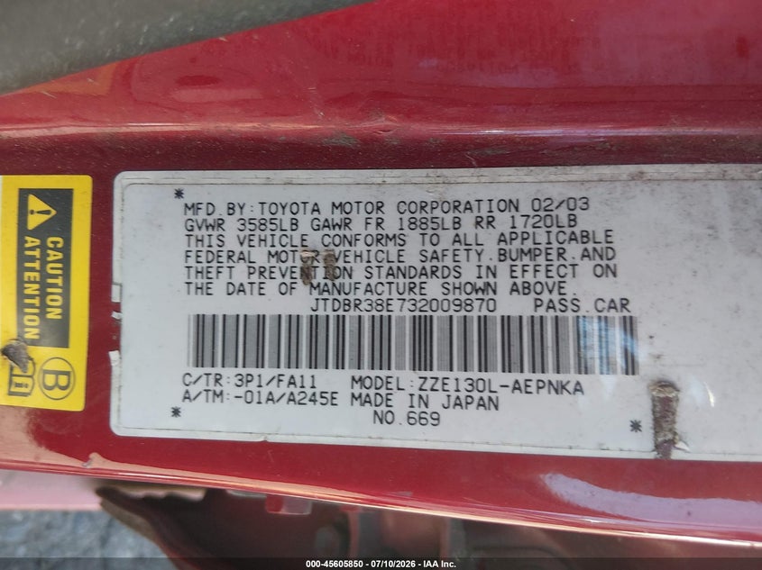2003 Toyota Corolla VIN JTDBR38E732009870 IAAI salvage auction — NORMAL WEAR, Clear-Dealer Only (Oregon), sold $500 on 2026-07-23 (photo 9)