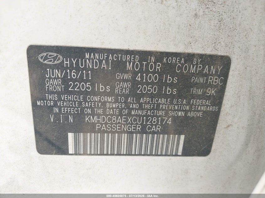 2012 Hyundai Elantra VIN KMHDC8AEXCU128174 IAAI salvage auction — NORMAL WEAR, Clear - Dealer Only (California), sold $200 on 2026-07-15 (photo 9)