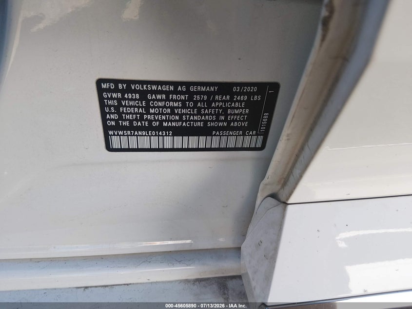 2020 Volkswagen Arteon VIN WVWSR7AN9LE014312 IAAI salvage auction — SIDE, Clear (Oklahoma), sold $9,700 on 2026-08-29 (photo 9)
