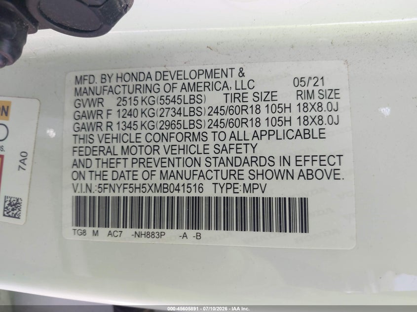 2021 Honda Pilot VIN 5FNYF5H5XMB041516 IAAI salvage auction — FRONT END, Salvage (Arizona), sold $5,900 on 2026-07-27 (photo 9)