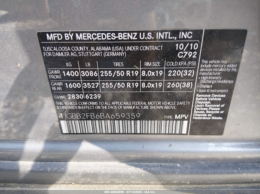 2011 Mercedes-benz Ml-class VIN 4JGBB2FB6BA659359 IAAI salvage auction — MECHANICAL, Clear (Arkansas), sold $3,000 on 2026-08-12 (photo 9)