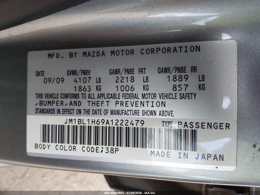 2010 Mazda 3 VIN JM1BL1H69A1222479 IAAI salvage auction — NORMAL WEAR, Clear (Tennessee), sold $850 on 2026-07-29 (photo 9)