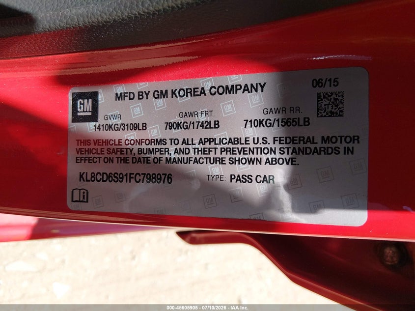 2015 Chevrolet Spark VIN KL8CD6S91FC798976 IAAI salvage auction — NORMAL WEAR, Salvage Title, sold $525 on 2026-07-21 (photo 9)