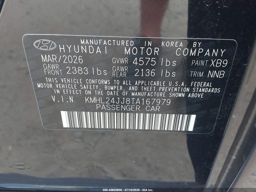 2026 Hyundai Sonata VIN KMHL24JJ8TA167979 IAAI salvage auction — FRONT END, Enterprise Vehicle Bill Of Sale (Washington), sold $6,600 on 2026-07-15 (photo 9)