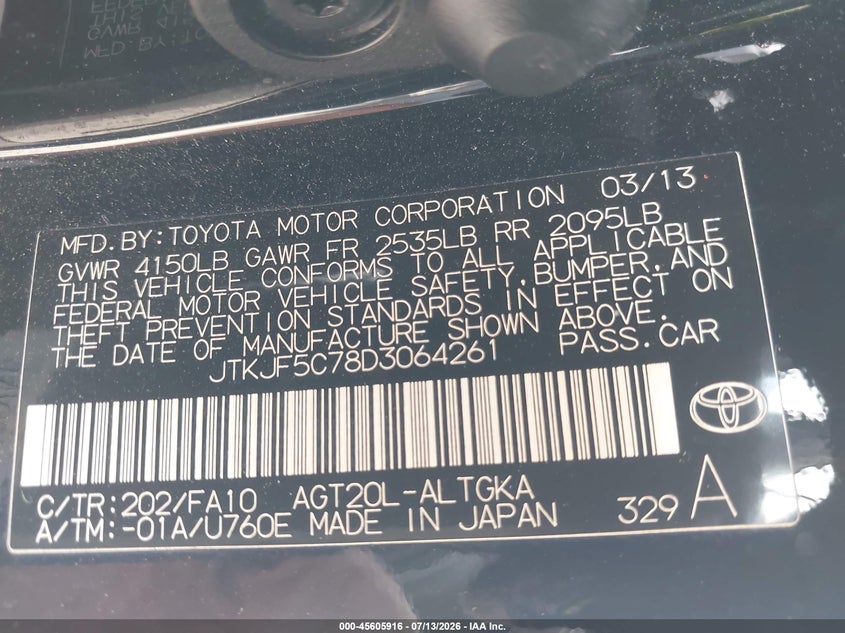 2013 Scion Tc VIN JTKJF5C78D3064261 IAAI salvage auction — ROLLOVER, Salvage (California), sold $25 on 2026-08-02 (photo 9)