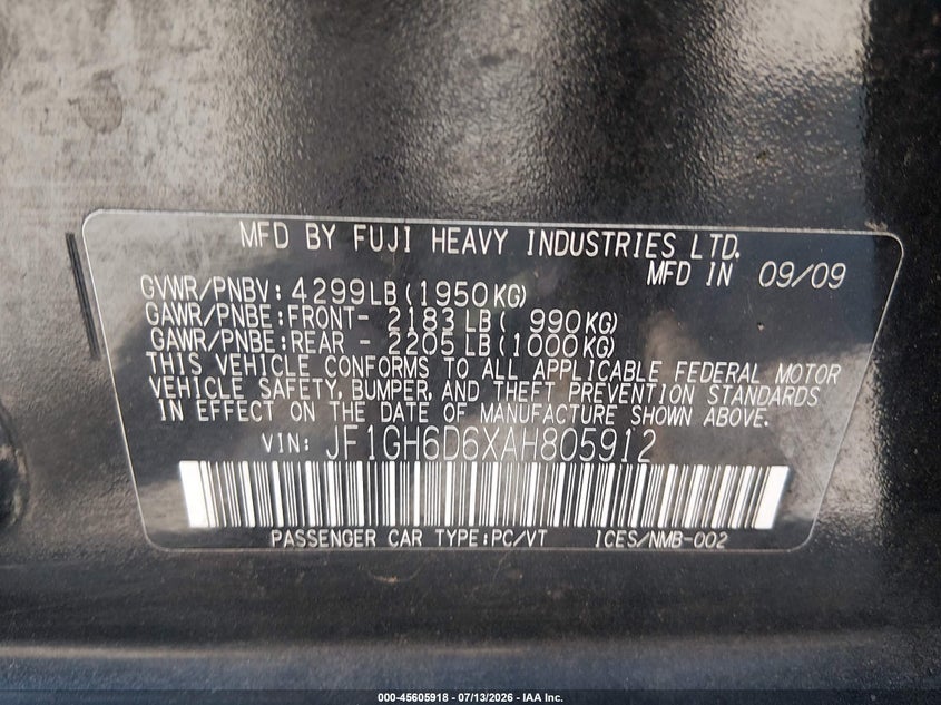 2010 Subaru Impreza VIN JF1GH6D6XAH805912 IAAI salvage auction — NORMAL WEAR, Clear (Washington), sold $1,150 on 2026-07-22 (photo 9)