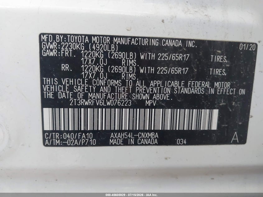 2020 Toyota Rav 4 VIN 2T3RWRFV6LW076223 IAAI salvage auction — FRONT END, Salvage Title, sold $9,600 on 2026-08-01 (photo 9)