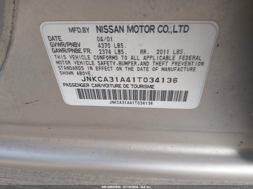 2001 Infiniti I30 VIN JNKCA31A41T034136 IAAI salvage auction — NORMAL WEAR, Original (Texas), sold $125 on 2026-07-31 (photo 9)