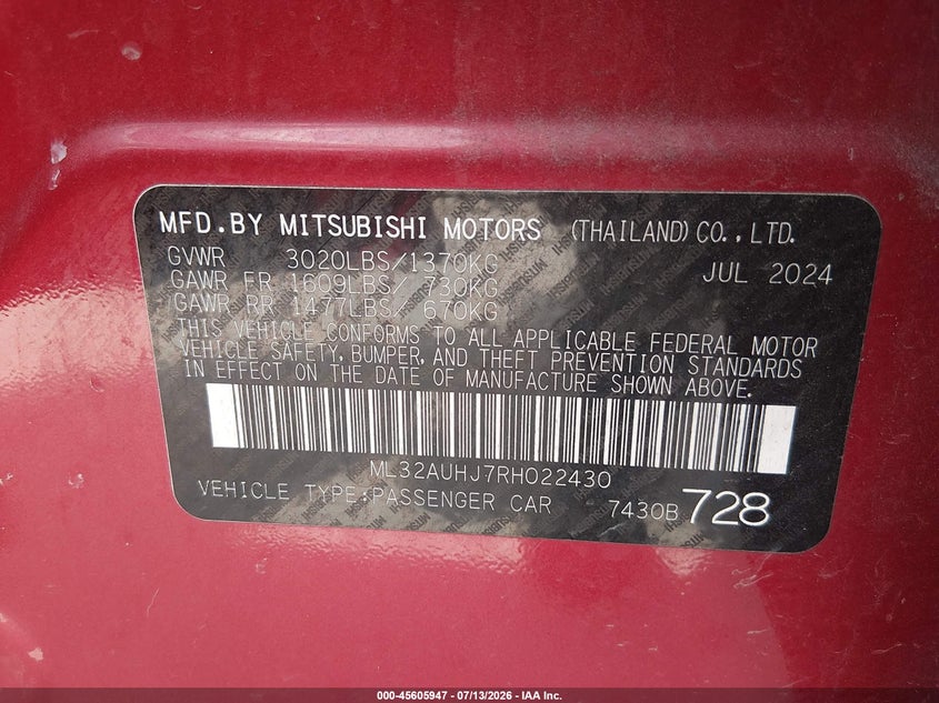 2024 Mitsubishi Mirage VIN ML32AUHJ7RH022430 IAAI salvage auction — LEFT FRONT, Enterprise Vehicles Clear Only (South Dakota), sold $6,800 on 2026-07-20 (photo 9)