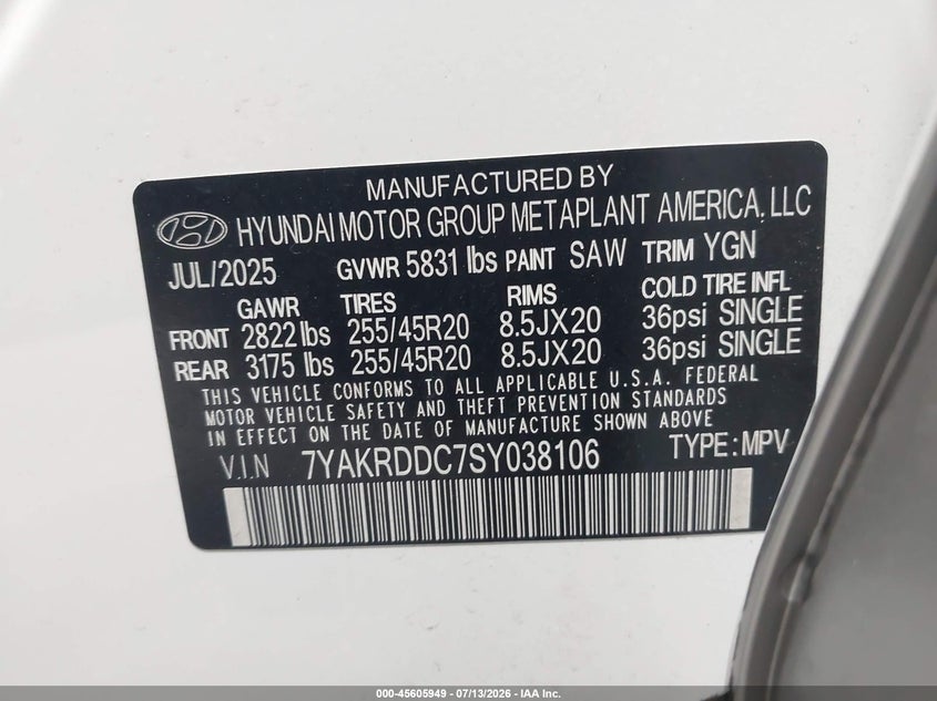 2025 Hyundai Ioniq 5 VIN 7YAKRDDC7SY038106 IAAI salvage auction — REAR END, Salvage Title, sold $16,500 on 2026-08-02 (photo 9)