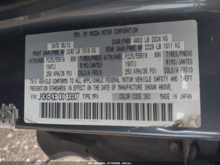 2013 Mazda Cx-5 VIN JM3KE4DE1D0133807 IAAI salvage auction — FRONT END, Salvage Title, sold $1,300 on 2026-07-24 (photo 9)