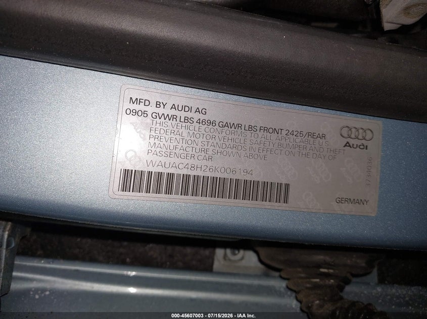 2006 Audi A4 VIN WAUAC48H26K006194 IAAI salvage auction — WATER/FLOOD, Salvage (Maine), sold $275 on 2026-09-05 (photo 9)