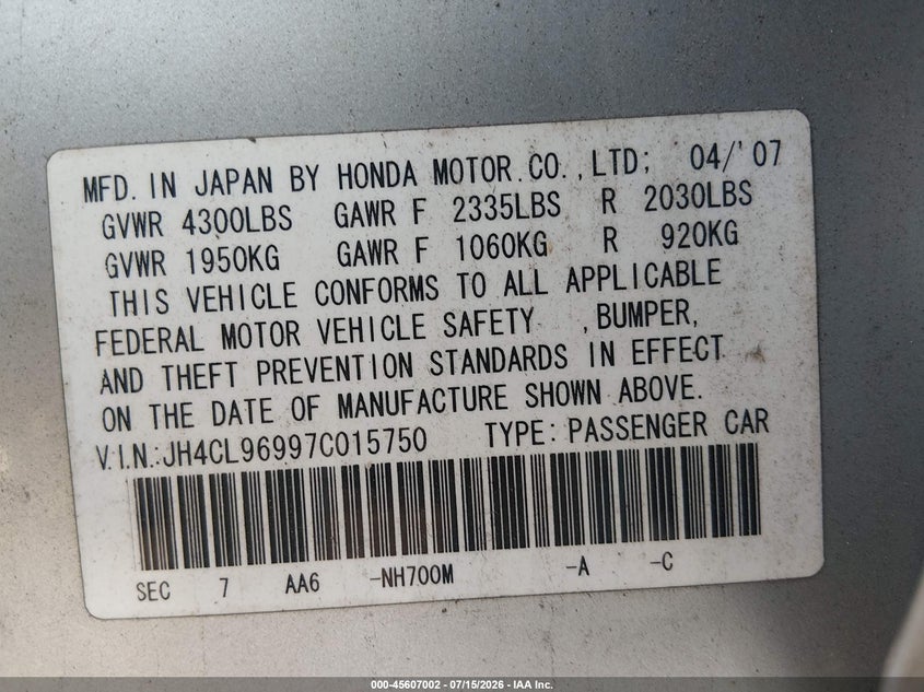 2007 Acura Tsx VIN JH4CL96997C015750 IAAI salvage auction — LEFT & RIGHT, Salvage - Greater Than 75% (Maryland), sold $800 on 2026-07-29 (photo 9)