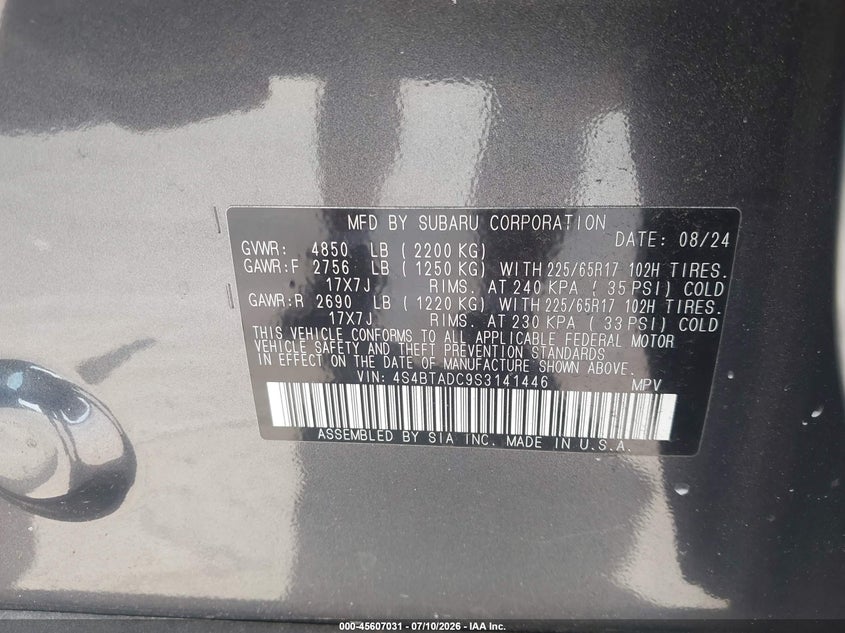 2025 Subaru Outback VIN 4S4BTADC9S3141446 IAAI salvage auction — FRONT END, Salvage Title, sold $11,100 on 2026-08-24 (photo 9)