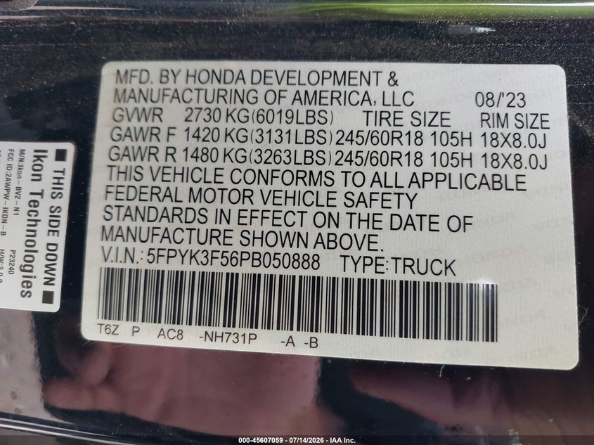 2023 Honda Ridgeline VIN 5FPYK3F56PB050888 IAAI salvage auction — SIDE, Salvage (Montana), sold $9,800 on 2026-08-10 (photo 9)