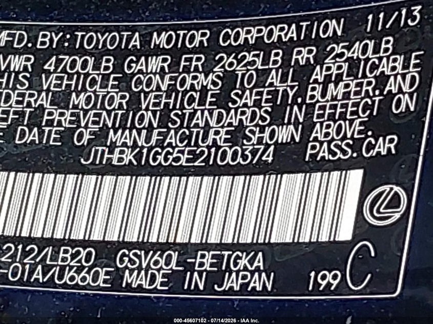 2014 Lexus ES VIN JTHBK1GG5E2100374 IAAI salvage auction — FRONT & REAR, Mv-907A (New York), sold $800 on 2026-07-28 (photo 9)