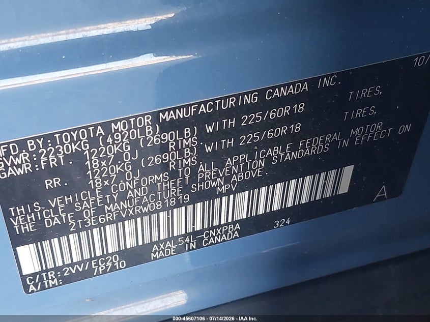 2024 Toyota Rav 4 VIN 2T3E6RFVXRW081819 IAAI salvage auction — RIGHT SIDE, Salvage - 75% Or Less (Maryland), sold $13,700 on 2026-09-21 (photo 9)