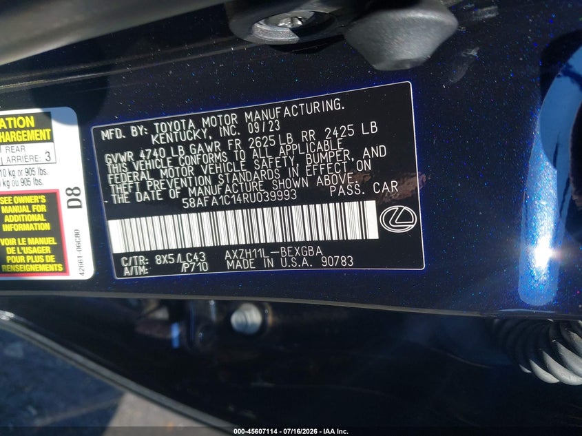 2024 Lexus ES VIN 58AFA1C14RU039993 IAAI salvage auction — SIDE, Salvage (North Carolina), sold $23,975 on 2026-08-06 (photo 9)