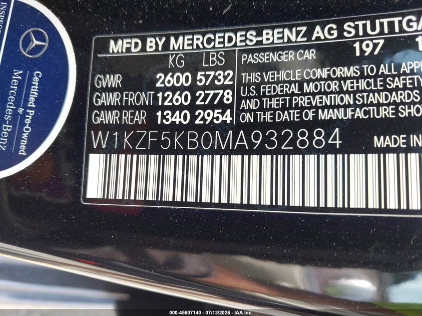 2021 Mercedes-benz E-klasse VIN W1KZF5KB0MA932884 IAAI salvage auction — RIGHT FRONT, Salvage Title, sold $25 on 2026-07-28 (photo 9)