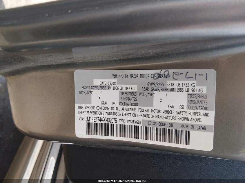 2009 Mazda Rx-8 VIN JM1FE174490402076 IAAI salvage auction — NORMAL WEAR, Certificate Of Origin (Tennessee), sold $75 on 2026-07-21 (photo 9)
