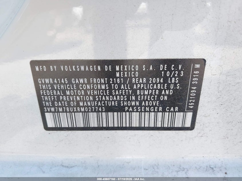 2024 Volkswagen Jetta VIN 3VW7M7BUXRM027743 IAAI salvage auction — FRONT & REAR, Salvage Title, sold $3,250 on 2026-08-21 (photo 9)
