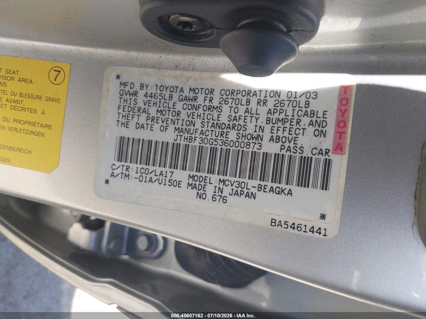 2003 Lexus Es 300 VIN JTHBF30G536000873 IAAI salvage auction — NORMAL WEAR, Clear - Dealer Only (California), sold $275 on 2026-07-28 (photo 9)
