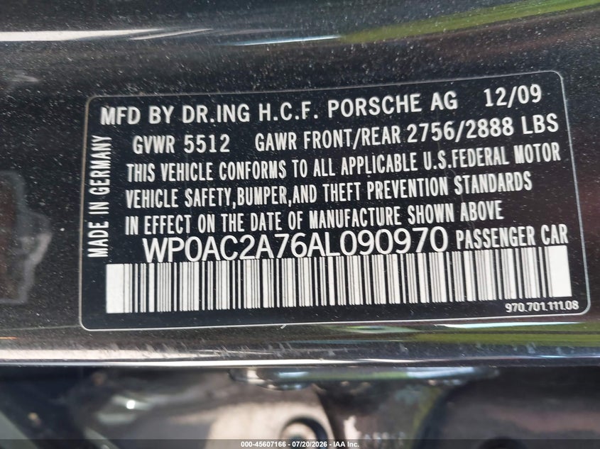 2010 Porsche Panamera VIN WP0AC2A76AL090970 IAAI salvage auction — NORMAL WEAR, Nrc Lienholder Repossession Paperwork (Maine), sold $25 on 2026-07-27 (photo 9)