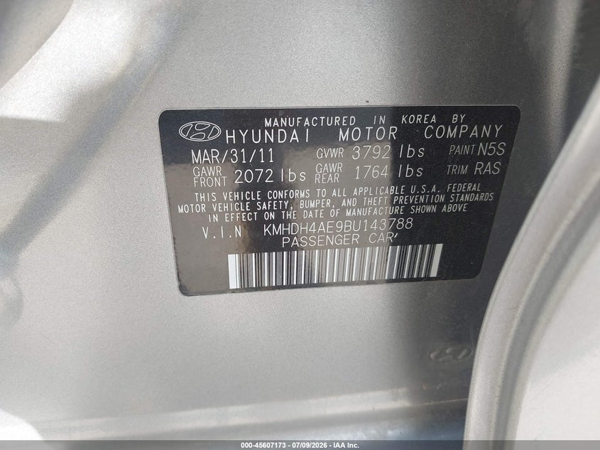2011 Hyundai Elantra VIN KMHDH4AE9BU143788 IAAI salvage auction — NORMAL WEAR, Original (Texas), sold $525 on 2026-07-28 (photo 9)