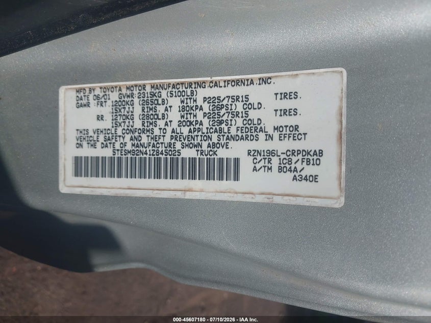 2001 Toyota Tacoma VIN 5TESM92N41Z845025 IAAI salvage auction — NORMAL WEAR, Clear (North Carolina), sold $4,525 on 2026-07-16 (photo 9)