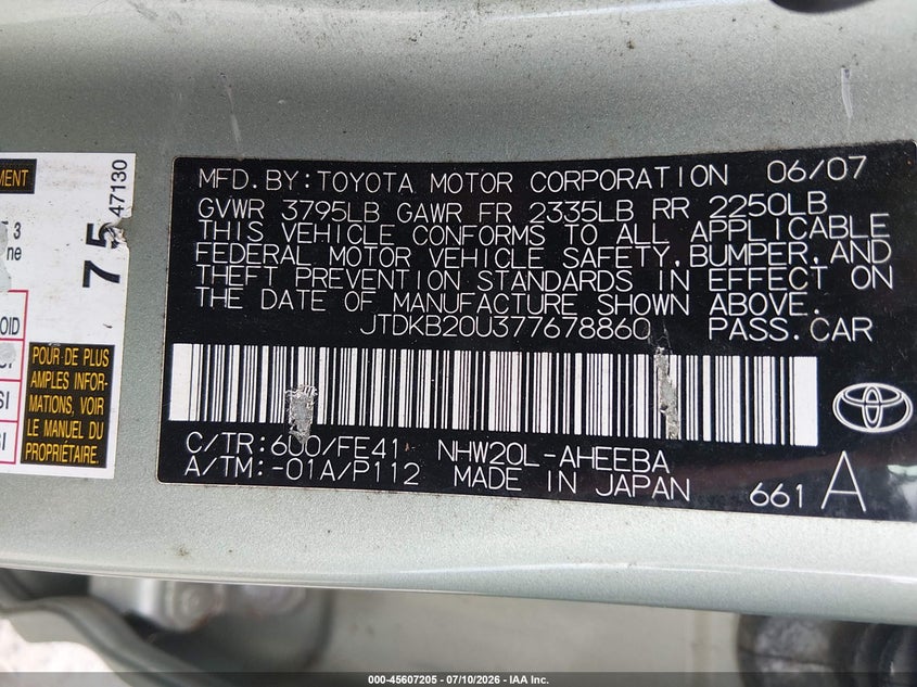 2007 Toyota Prius VIN JTDKB20U377678860 IAAI salvage auction — NORMAL WEAR, Clear (Washington), sold $325 on 2026-07-22 (photo 9)