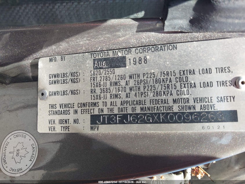 1989 Toyota Land cruiser VIN JT3FJ62GXK0096263 IAAI salvage auction — NORMAL WEAR, Clear-Dealer Only (Wisconsin), sold $2,050 on 2026-07-30 (photo 9)