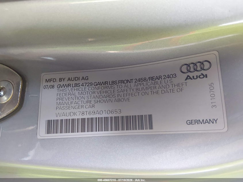 2009 Audi A5 VIN WAUDK78T69A010653 IAAI salvage auction — NORMAL WEAR, Clear-Dealer Only (Arizona), sold $350 on 2026-07-28 (photo 9)