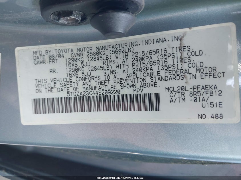 2004 Toyota Sienna VIN 5TDZA23C44S209220 IAAI salvage auction — NORMAL WEAR, Clear (Illinois), sold $450 on 2026-07-22 (photo 9)