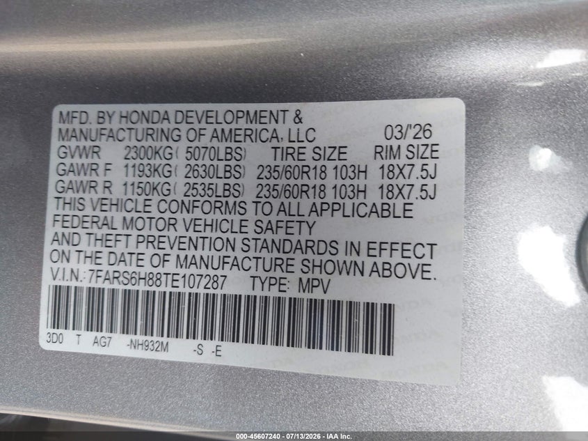 2026 Honda Cr-v VIN 7FARS6H88TE107287 IAAI salvage auction — SIDE, Salvage Title, sold $11,900 on 2026-07-26 (photo 9)