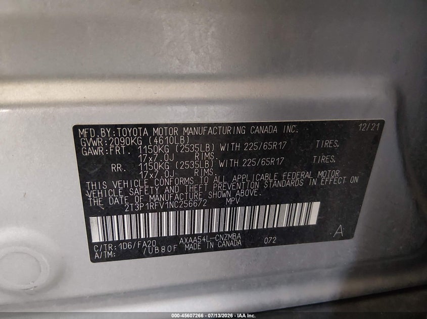 2022 Toyota Rav 4 VIN 2T3P1RFV1NC256672 IAAI salvage auction — FRONT END, Salvage (Nebraska), sold $9,100 on 2026-08-22 (photo 9)