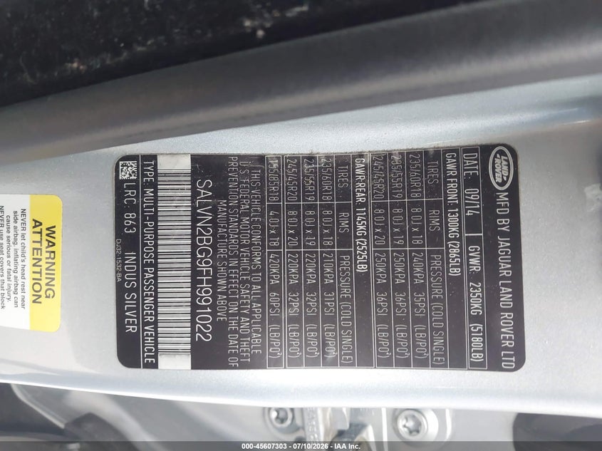 2015 Land rover Range rover evoque VIN SALVN2BG9FH991022 IAAI salvage auction — FRONT END, Certificate Of Title (Nebraska), sold $550 on 2026-07-23 (photo 9)