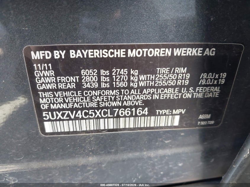 2012 BMW X5 VIN 5UXZV4C5XCL766164 IAAI salvage auction — NORMAL WEAR, Clear - Dealer Only (California), sold $600 on 2026-07-23 (photo 9)