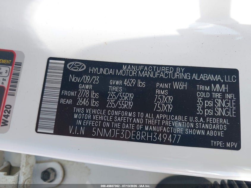 2024 Hyundai Tucson VIN 5NMJF3DE8RH349477 IAAI salvage auction — FRONT & REAR, Salvage Title, sold $7,875 on 2026-08-26 (photo 9)