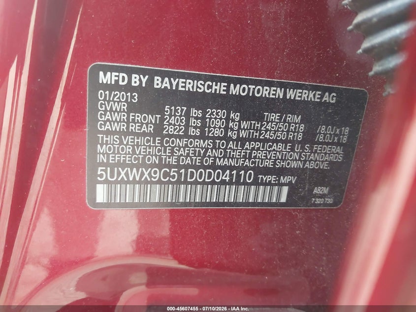 2013 BMW X3 VIN 5UXWX9C51D0D04110 IAAI salvage auction — NORMAL WEAR, Clear (Tennessee), sold $600 on 2026-07-29 (photo 9)