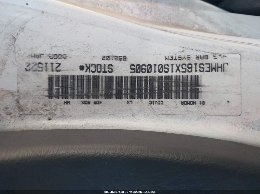 2001 Honda Civic VIN JHMES165X1S010905 IAAI salvage auction — NORMAL WEAR, Clear (Utah), sold $575 on 2026-07-30 (photo 9)