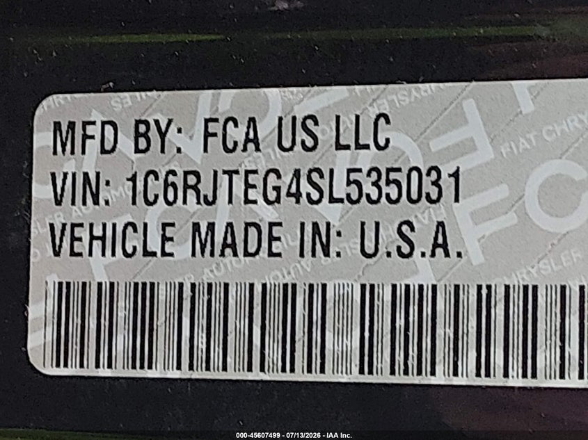 2025 Jeep Gladiator VIN 1C6RJTEG4SL535031 IAAI salvage auction — SIDE, Wait Title, sold $14,900 on 2026-08-14 (photo 9)