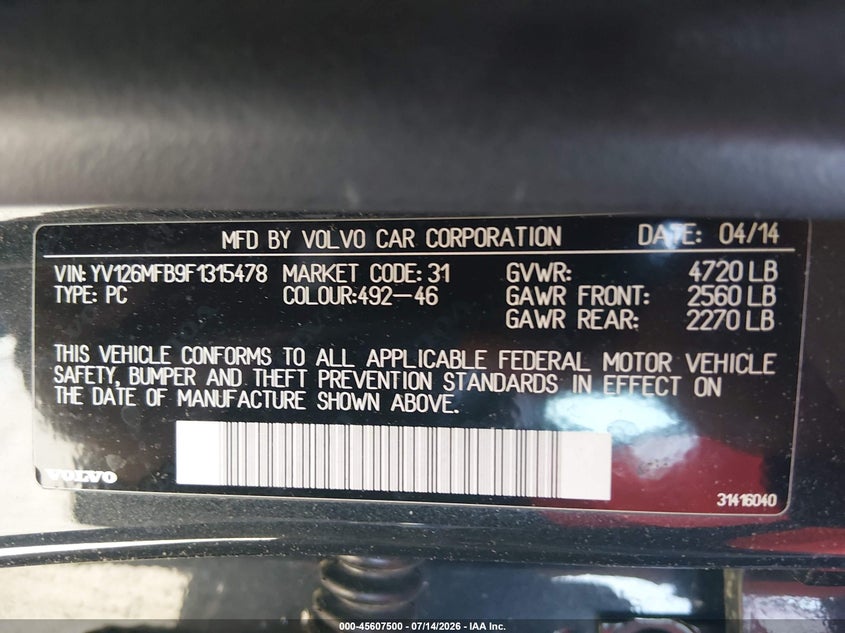 2015 Volvo S60 VIN YV126MFB9F1315478 IAAI salvage auction — NORMAL WEAR, Clear (Missouri), sold $350 on 2026-07-28 (photo 9)
