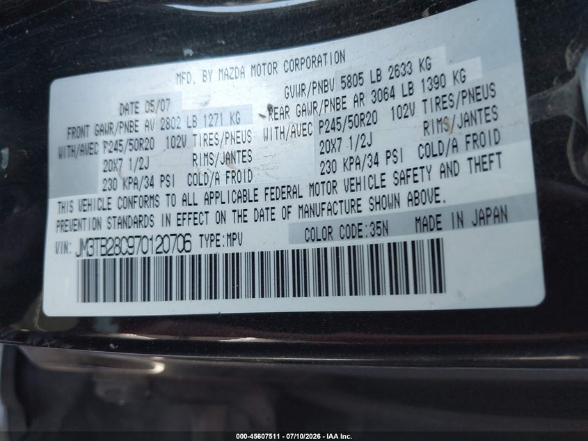 2007 Mazda Cx-9 VIN JM3TB28C970120706 IAAI salvage auction — NORMAL WEAR, Clear (California), sold $175 on 2026-07-22 (photo 9)