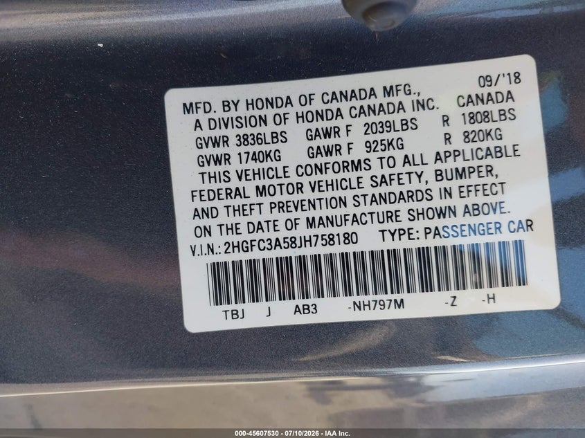 2018 Honda Civic VIN 2HGFC3A58JH758180 IAAI salvage auction — LEFT FRONT, Salvage Title, sold $5,900 on 2026-08-22 (photo 9)