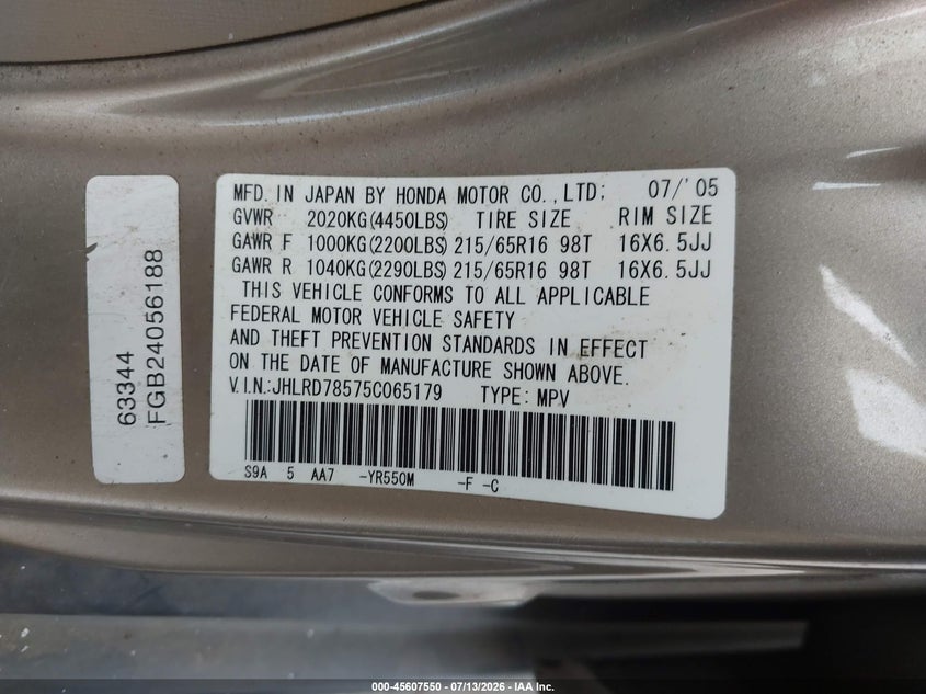 2005 Honda Cr-v VIN JHLRD78575C065179 IAAI salvage auction — FRONT END, Salvage (California), sold $675 on 2026-07-24 (photo 9)