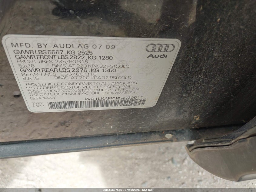 2010 Audi Q5 VIN WA1LKAFP3AA020511 IAAI salvage auction — NORMAL WEAR, Clear-Dealer Only (Arizona), sold $225 on 2026-07-30 (photo 9)