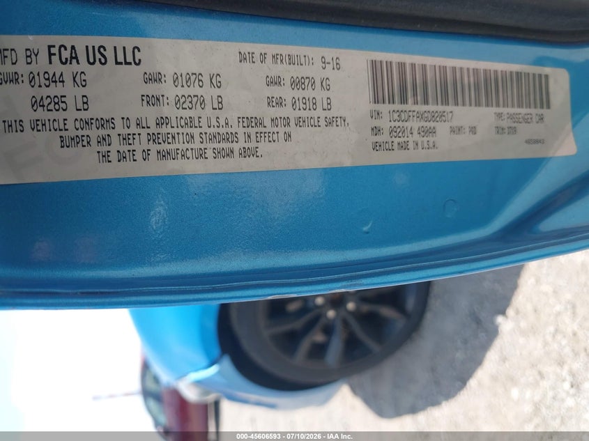 2016 Dodge Dart VIN 1C3CDFFAXGD820517 IAAI salvage auction — NORMAL WEAR, Clear (Indiana), sold $675 on 2026-08-09 (photo 9)