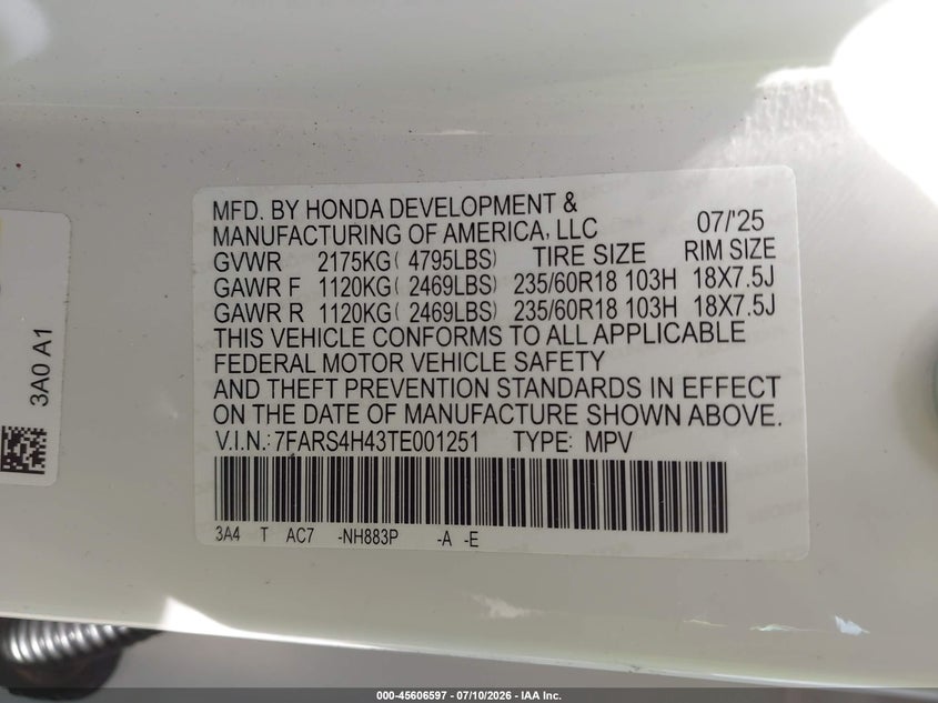 2026 Honda Cr-v VIN 7FARS4H43TE001251 IAAI salvage auction — REAR END, Salvage Title, sold $14,100 on 2026-07-29 (photo 9)